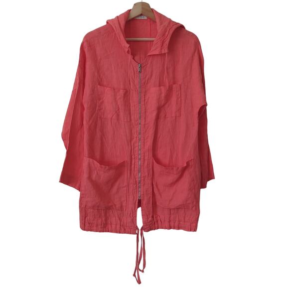 Emporium Made in Italy Jacket Womens OS S-L 100% Linen Pink Hooded Zip Up - Picture 4 of 6